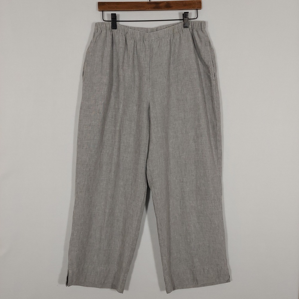 J. Jill Love Linen Pants Womens L Gray 100% Linen Wide Leg Pull On Cropped